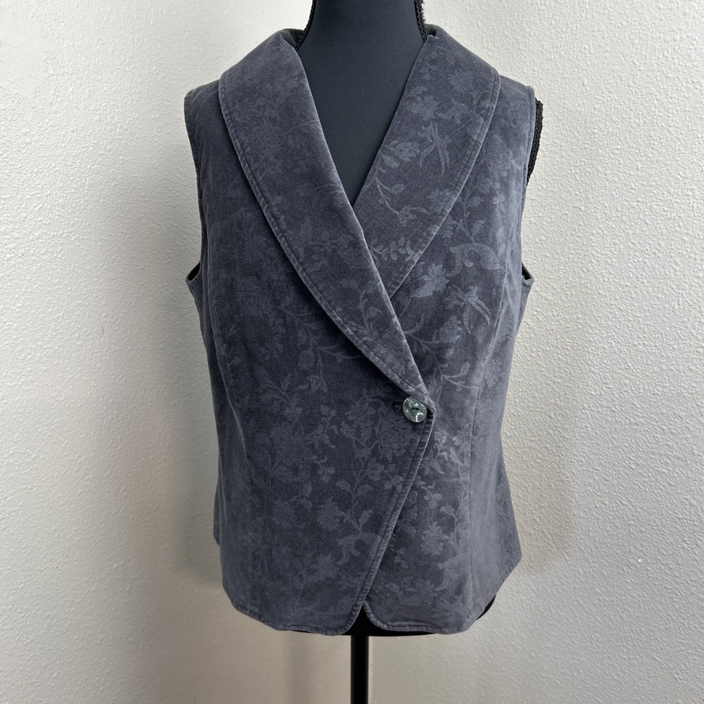 New‎ J.Jill Vest Women's Small Gray Onyx Floral Print Cotton Velvet Shawl Collar